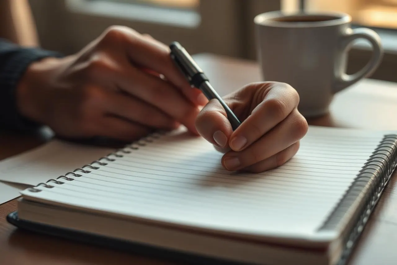 Main d'un professionnel notant ses observations dans un cahier
