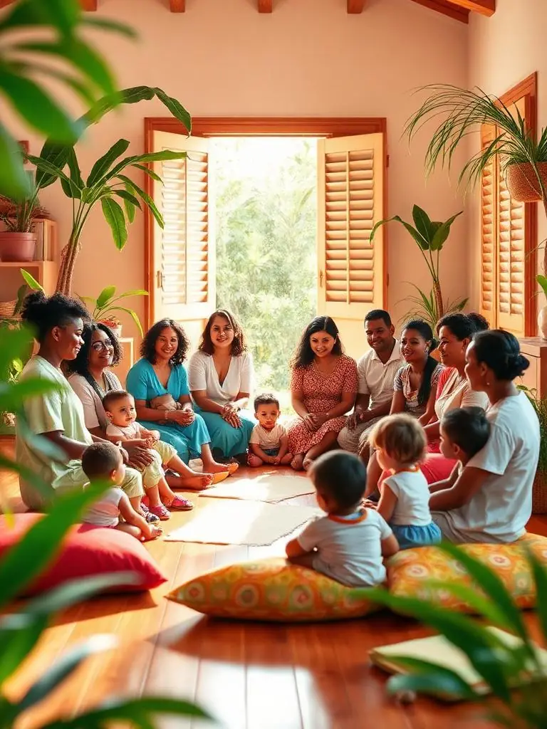 Équipe de professionnels de la petite enfance réunie en cercle dans une crèche antillaise lumineuse