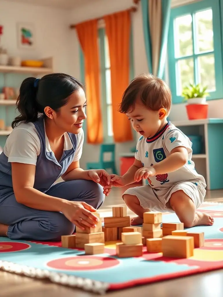 Professionnelle accroupie à hauteur d'un tout-petit qui joue avec des cubes en bois