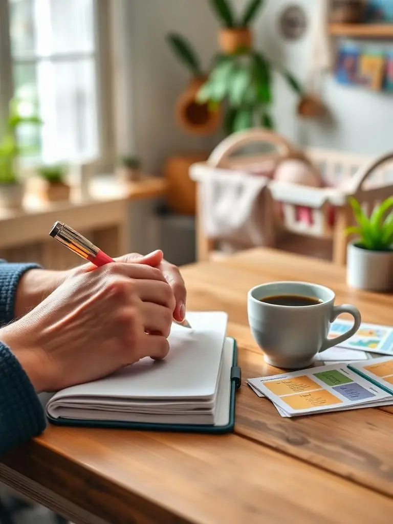 Mains écrivant des observations dans un carnet posé près de cartes à pictogrammes