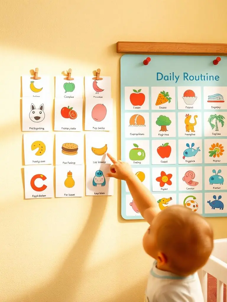 Tableau de routine visuelle et pictogrammes colorés au mur d'une crèche