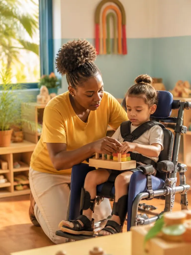 Professionnelle de la petite enfance accompagnant un enfant en situation de handicap installé dans un siège adapté
