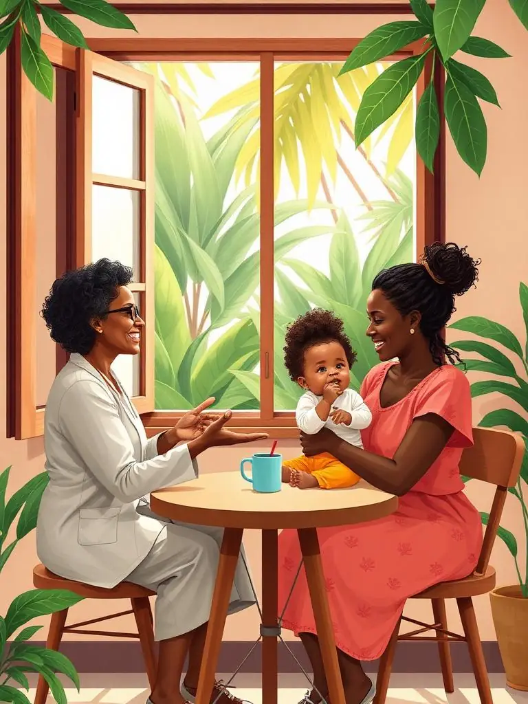 Directrice de structure en entretien bienveillant avec une maman et son tout-petit