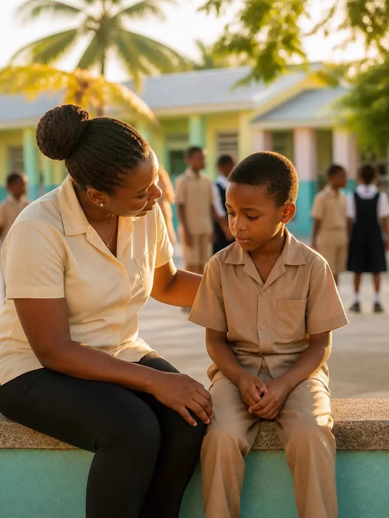 Adulte à l'écoute d'un enfant isolé dans une cour d'école antillaise