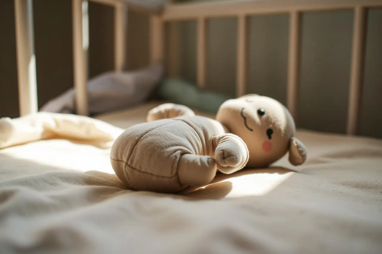 Doudou posé sur un petit lit dans un rayon de lumière