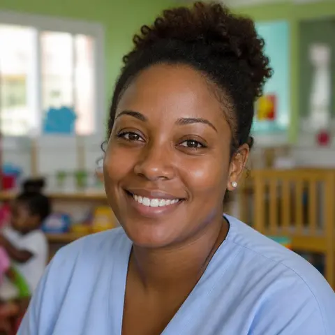Auxiliaire de puériculture souriante dans une salle de crèche