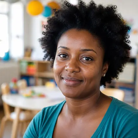 ATSEM souriante dans une salle de classe lumineuse
