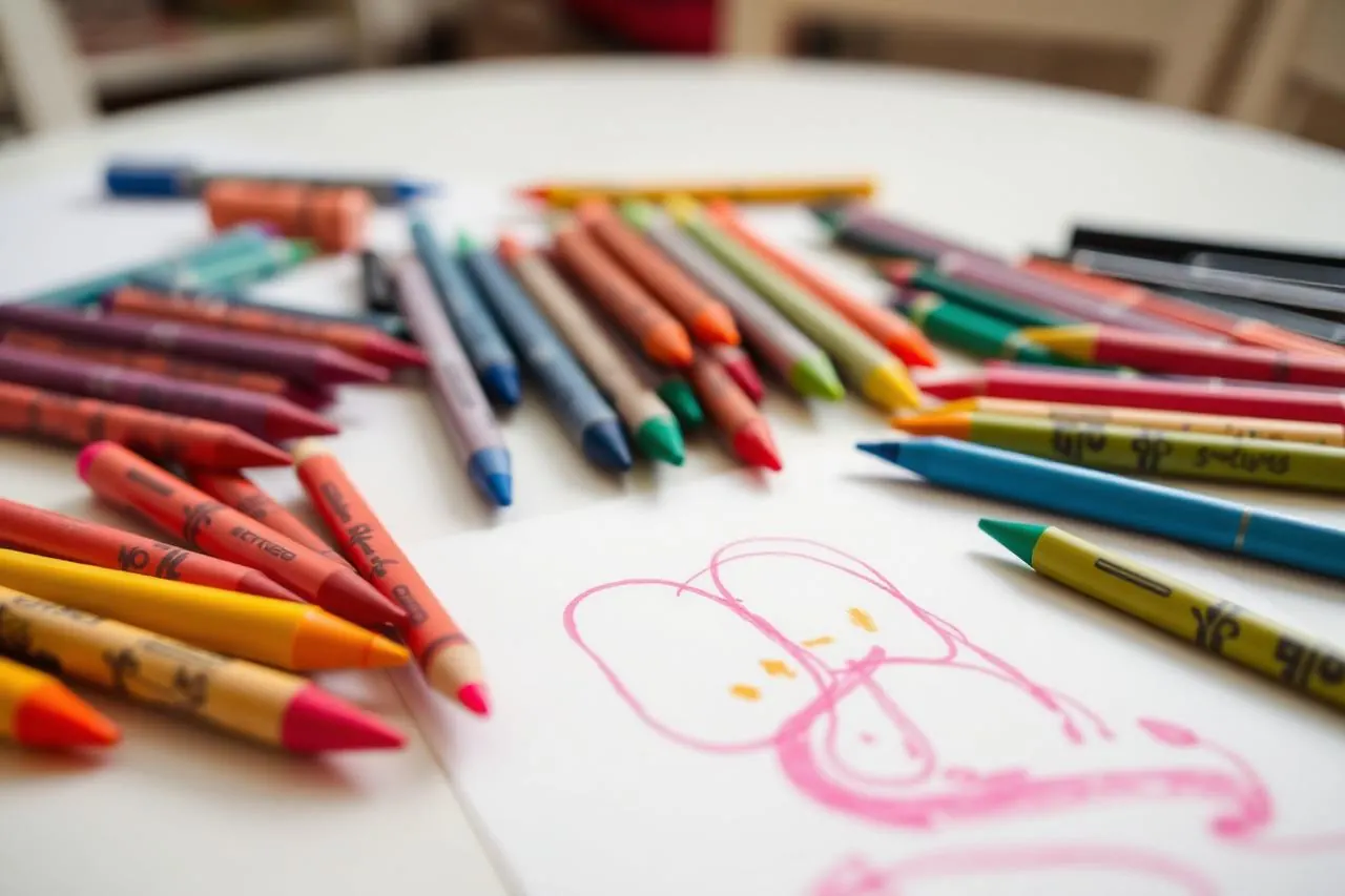 Feutres et crayons de couleur posés sur une table de crèche
