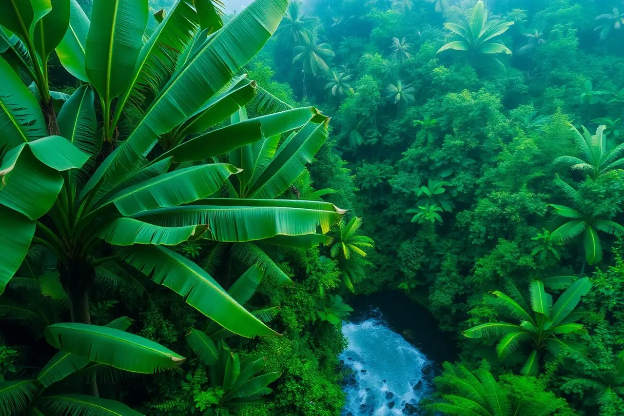 Forêt tropicale de Martinique vue d'en haut, feuilles de bananier et rivière