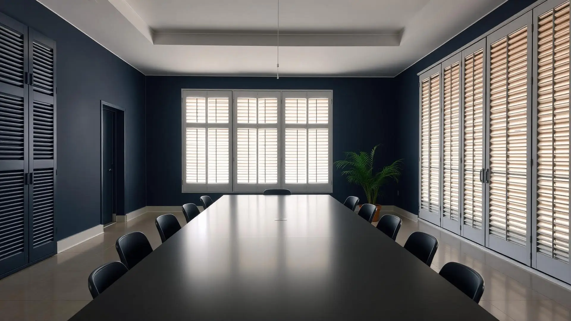 Salle de réunion institutionnelle avec persiennes et lumière tamisée
