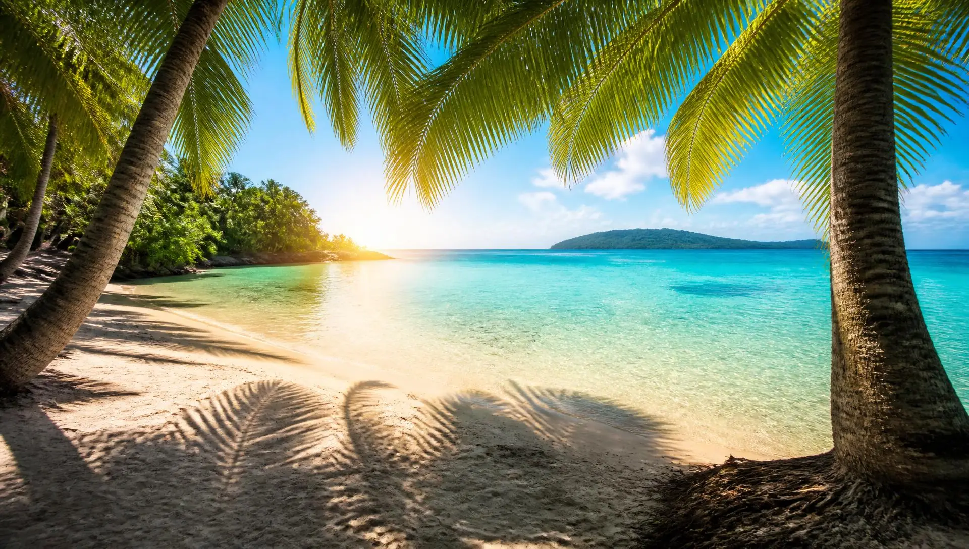 Lagon turquoise de Martinique vu depuis une cocoteraie ombragée