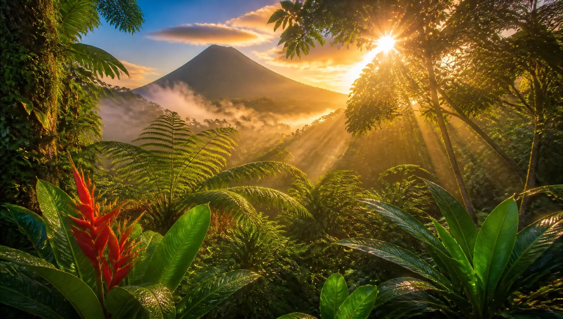Forêt tropicale de Martinique au lever du soleil, rais de lumière dans la canopée