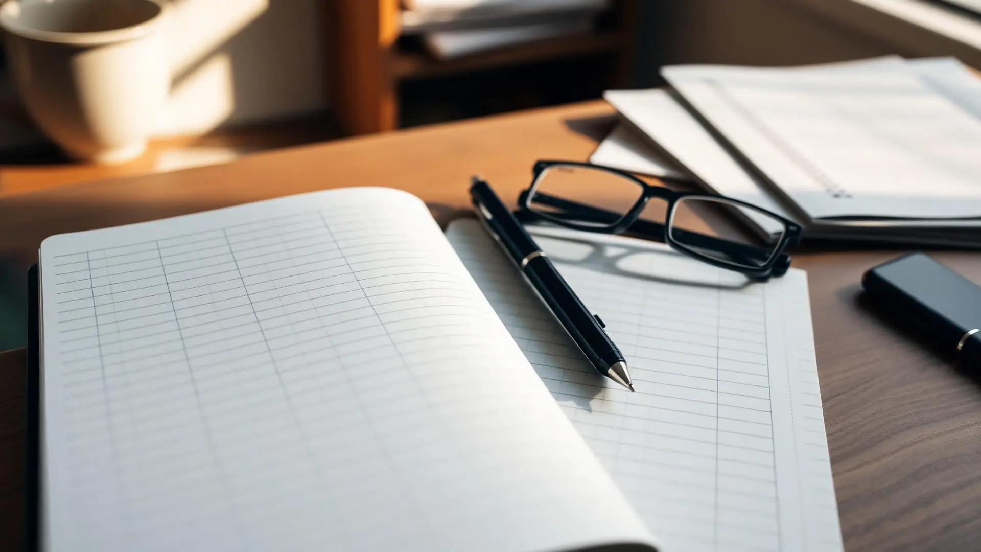 Carnet d'observation, stylo et lunettes posés sur une table de bureau