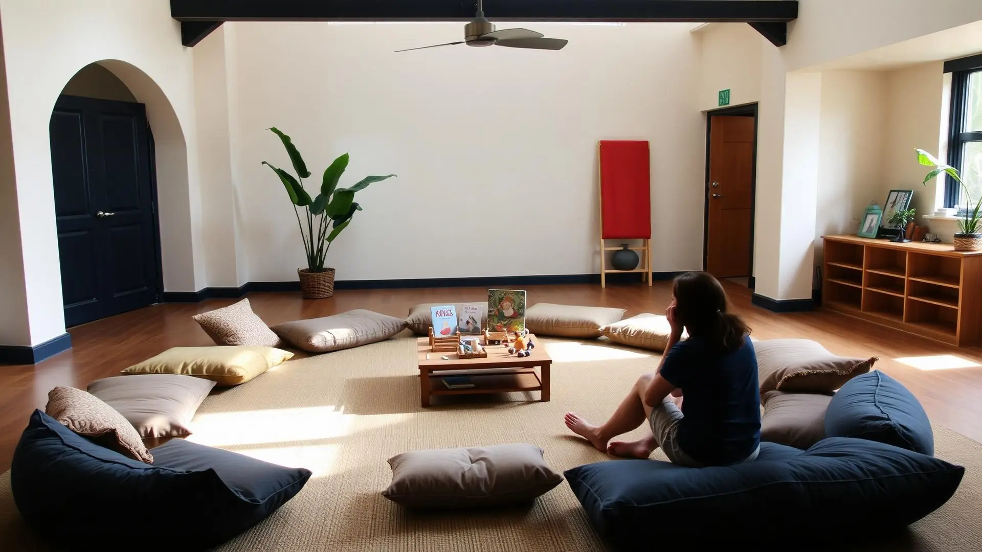 Espace d'atelier parents-enfants avec coussins et livres, sans personne