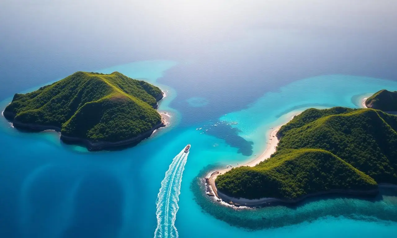 Vue aérienne de deux îles antillaises séparées par un lagon turquoise