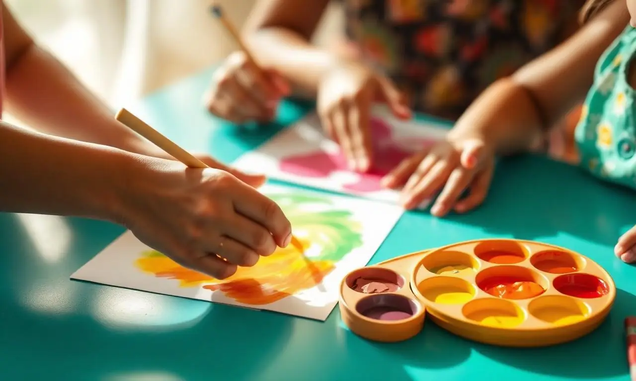 Mains d'une professionnelle et d'enfants peignant ensemble avec des couleurs vives