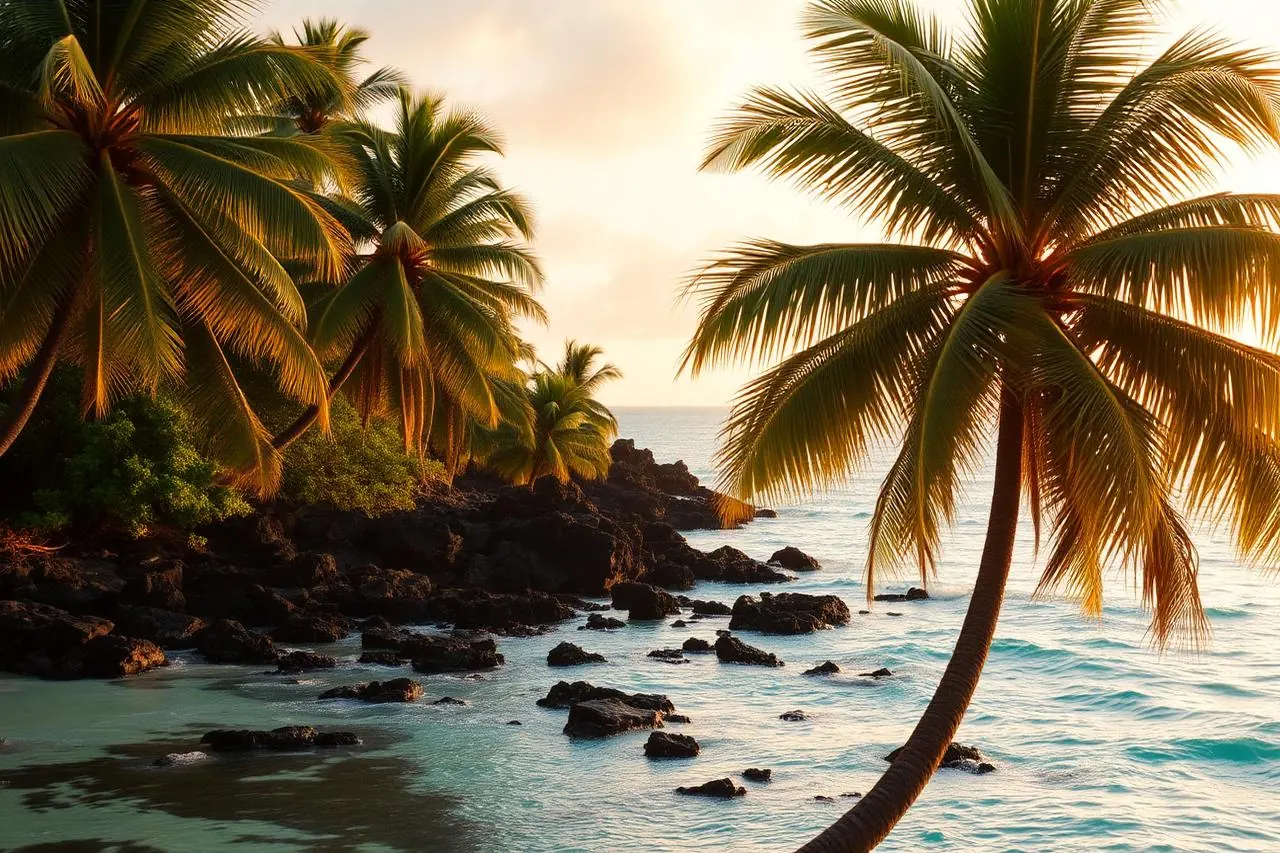 Littoral antillais au coucher du soleil, cocotiers et eau turquoise