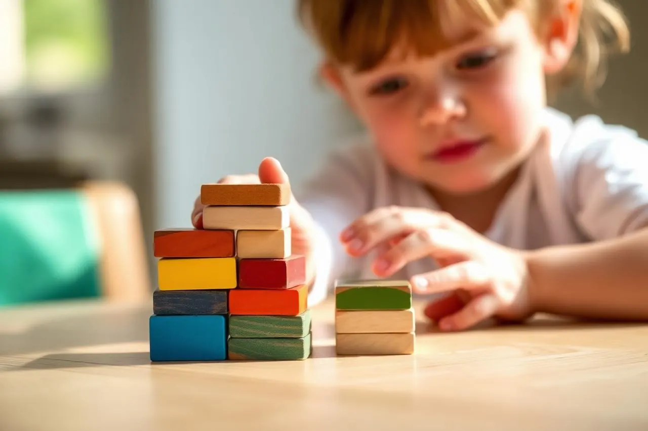Mains d'un jeune enfant empilant des cubes en bois colorés sur une table