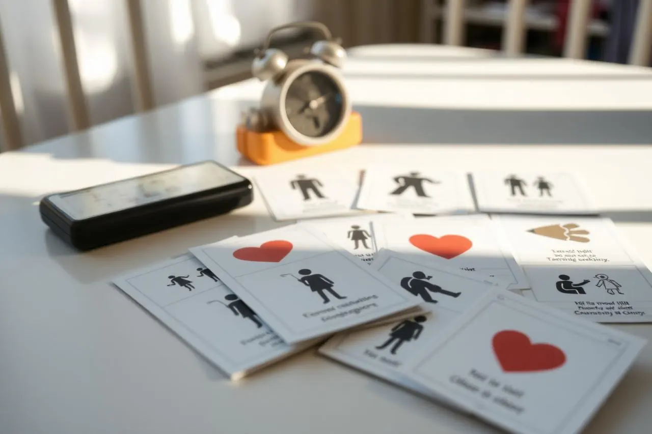 Cartes de communication par pictogrammes étalées sur une table