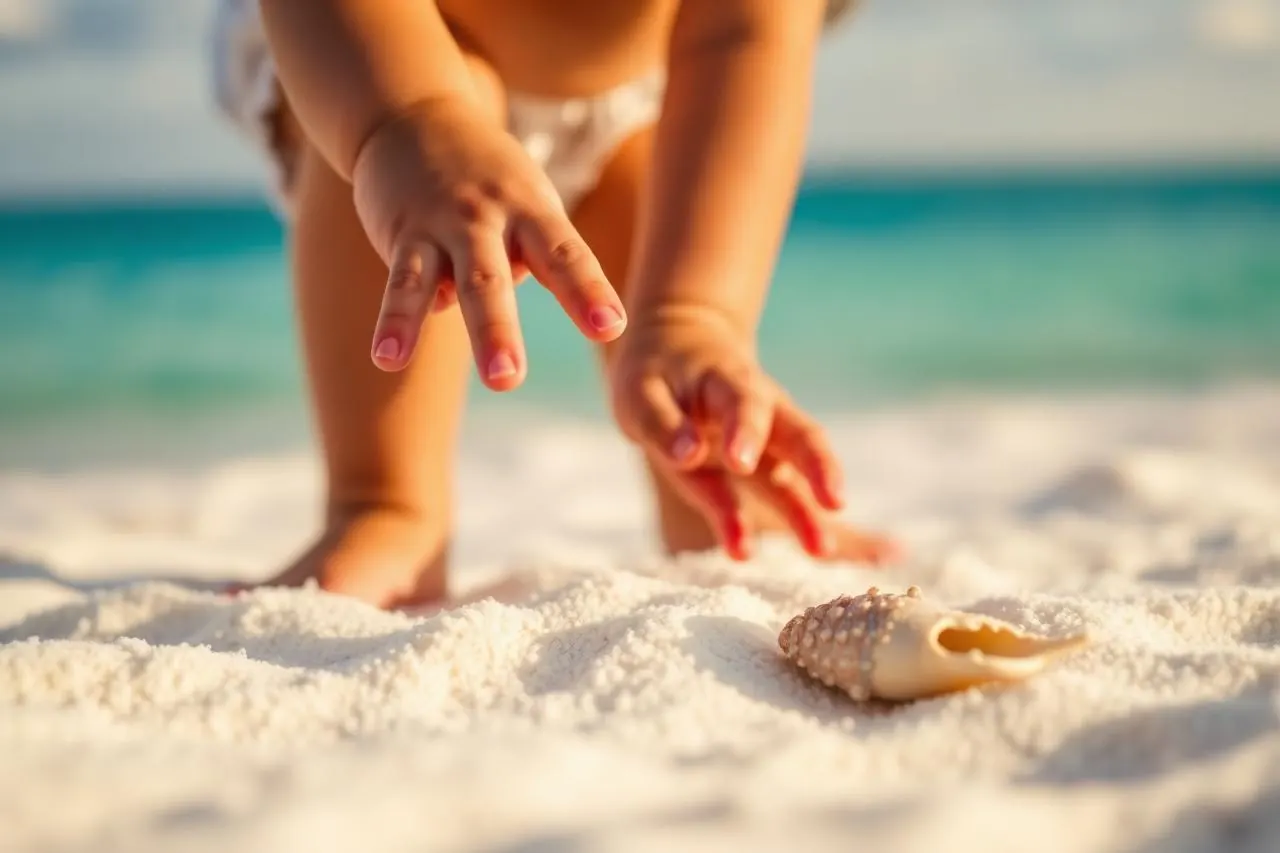 Mains d'enfant explorant le sable blanc à côté d'un coquillage